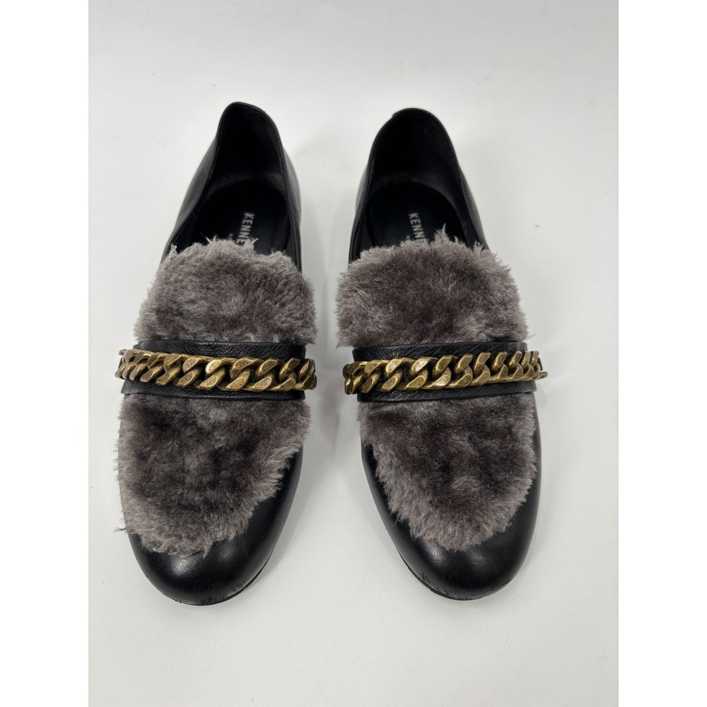 Kenneth Cole NY Black Leather Chain Fur Loafers Mules Size 7 Quiet Luxury - Picture 12 of 14